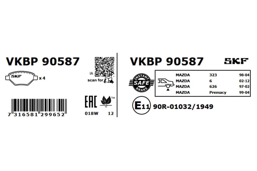 Jogo de 4 pastilhas de travão SKF ref. VKBP 90587